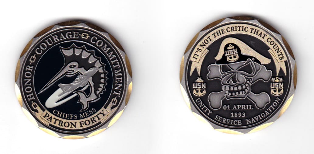 Round shaped coin, antique pewter in color, 1 3/4 inches in diameter.