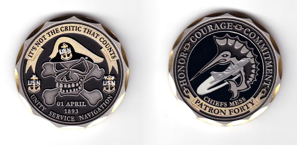 Round shaped coin, antique pewter in color, 1 3/4 inches in diameter.