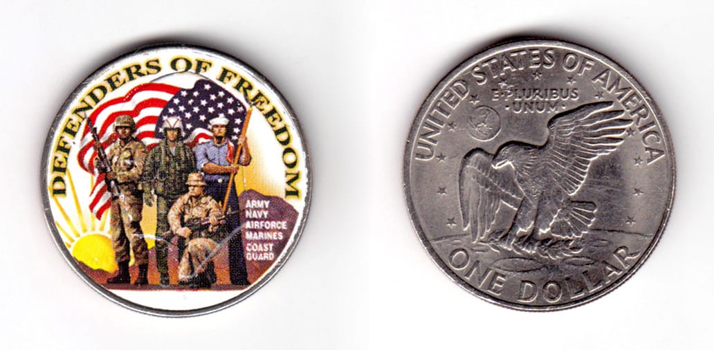 Round shaped coin (Eisenhower silver dollar), 1 31/64 inches in diameter.