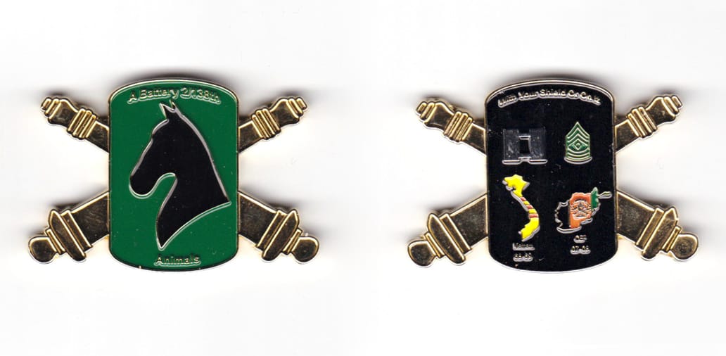 Rectangular shaped coin with short sides rounded, crossed cannons behind and protruding at NE, SE, SW & NW locations, go...