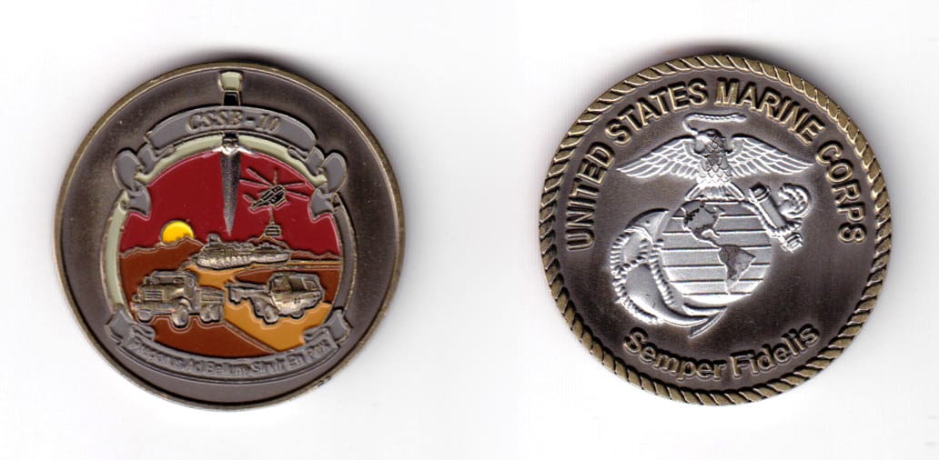 Round shaped coin, antique pewter in color, 1 31/64 inches in diameter.