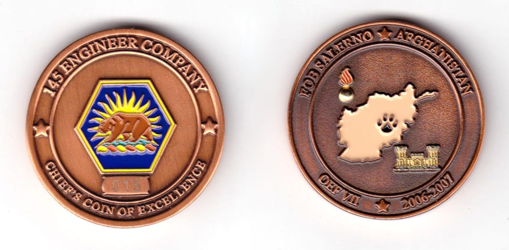 Round shaped coin, copper in color, 1 31/64 inches in diameter.