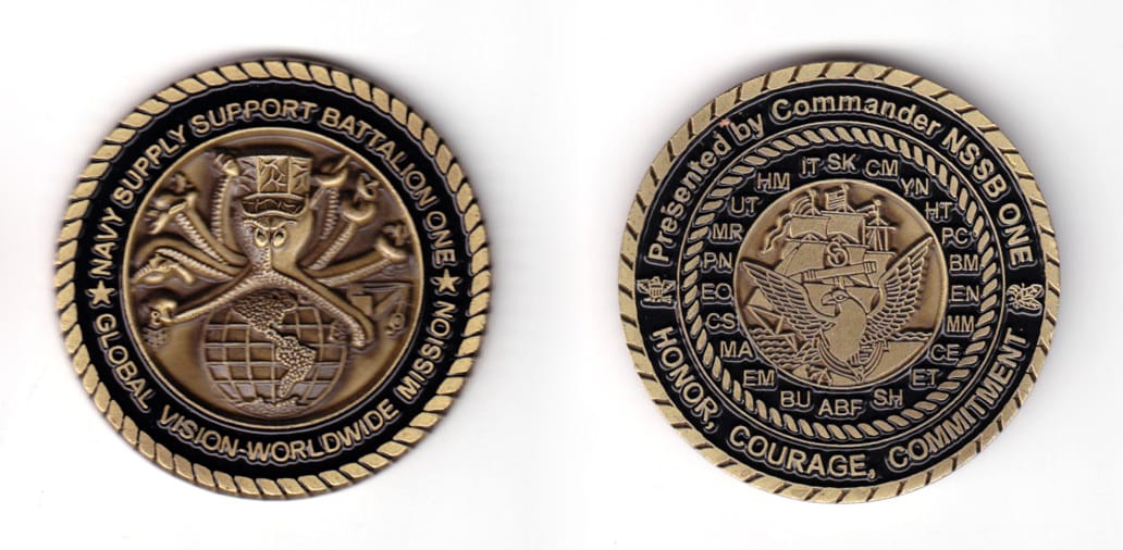 Round shaped coin, antique brass in color, 1 31/32 inches in diameter.