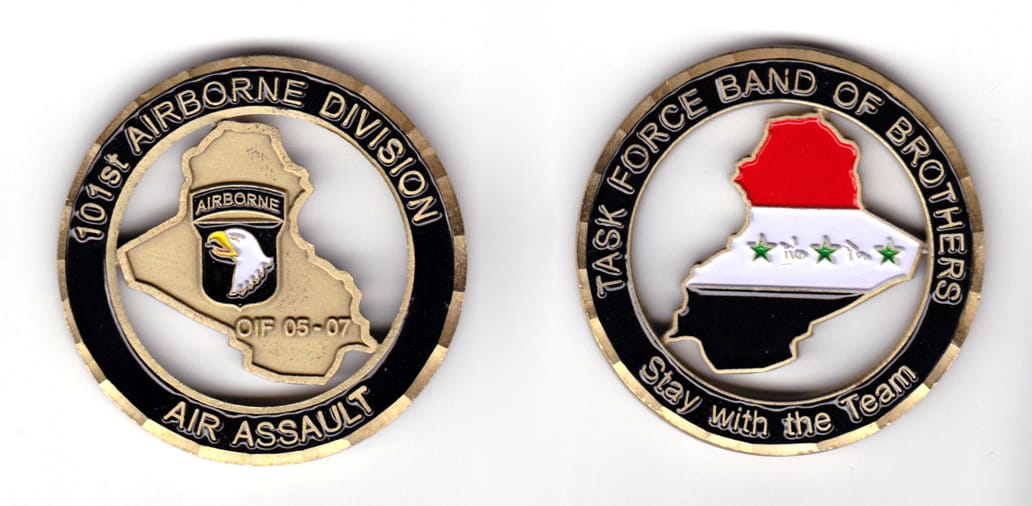 Round shaped coin, antique brass in color, 1 63/64 inches in diameter.