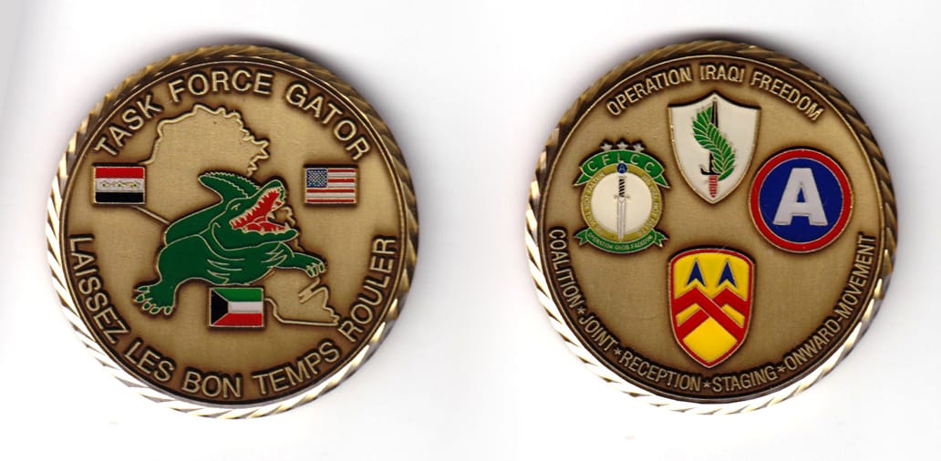 Round shaped coin antique brass in color, 1 31/32 inches in diameter.