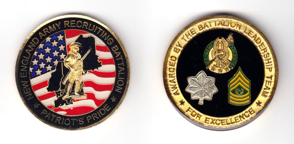 Round shaped coin, brass in color, 1 31/32 inches in diameter.