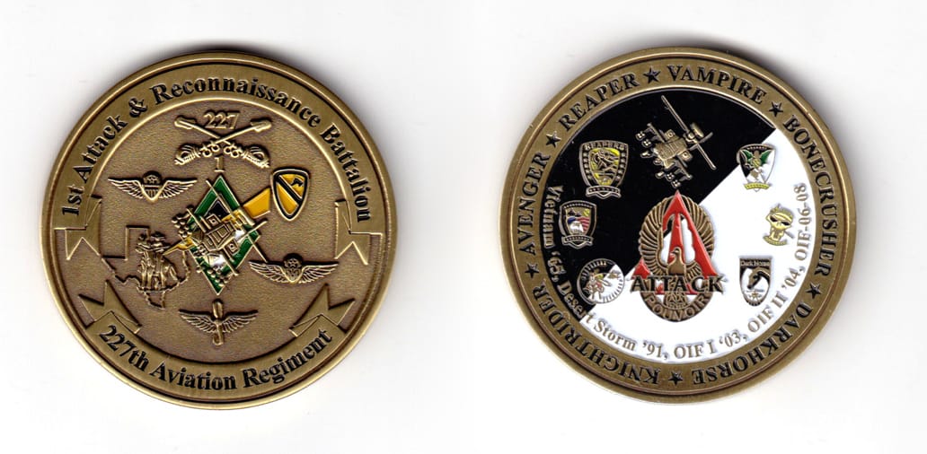 Round shaped coin, brass in color, 1 63/64 inches in diameter.