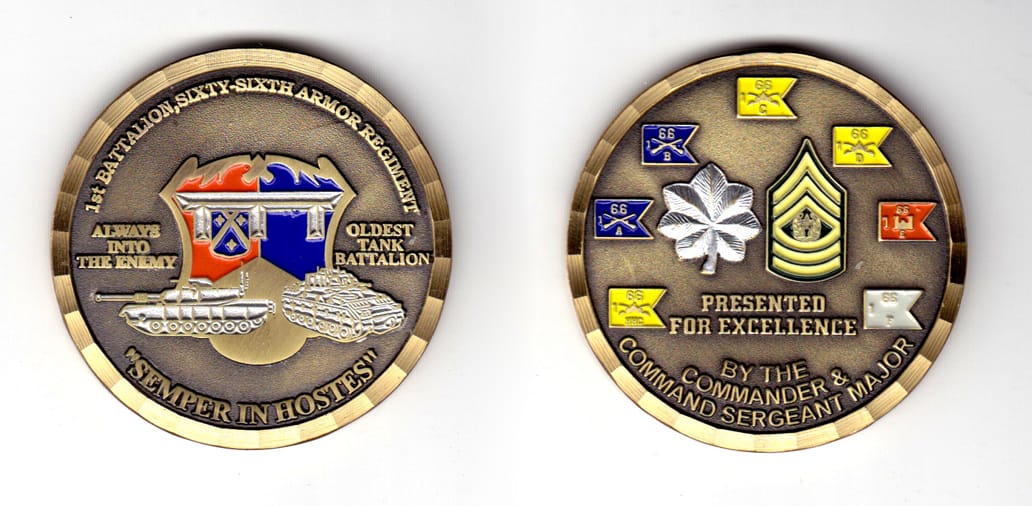 Round shaped coin brass in color, 1 63/64 inches in diameter.