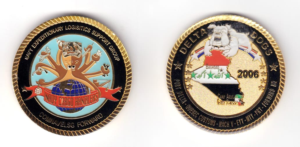 Round shaped coin, brass in color, 2 inches in diameter.