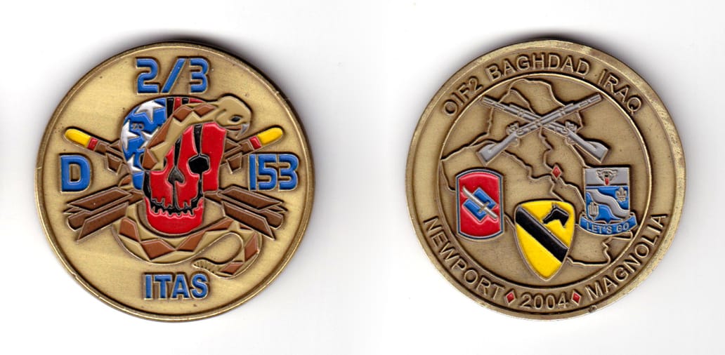 Round shaped coin, antique brass in color, 1 31/32 inches in diameter.