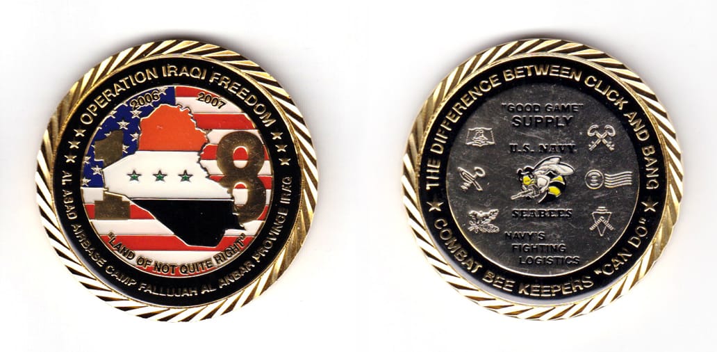 Round shaped coin, brass in color, 2 1/64 inches in diameter.