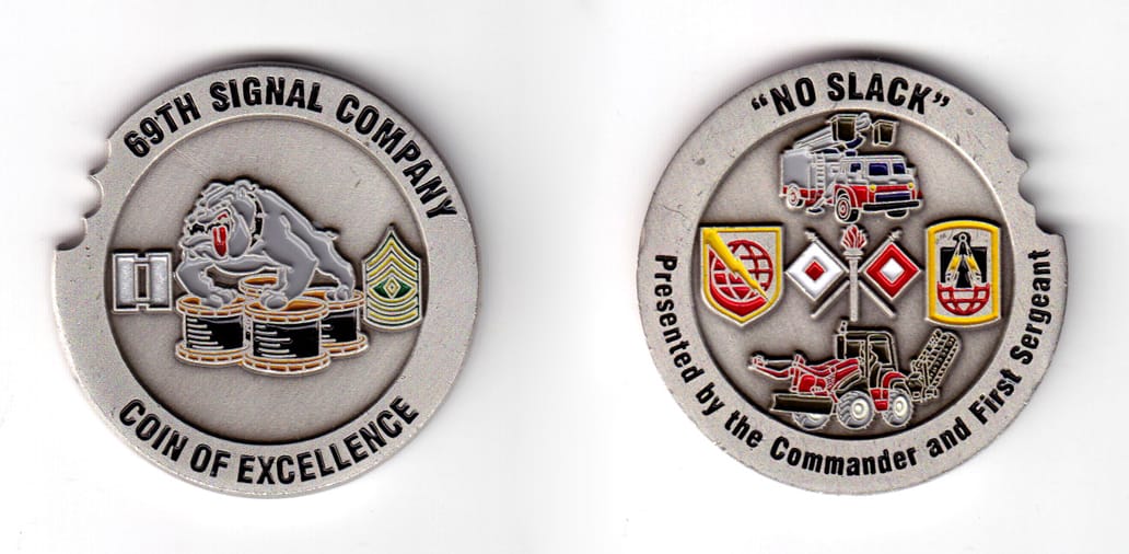 Round shaped coin with 3 small circular notches at NW position, pewter in color, 1 13/16 inches in diameter.