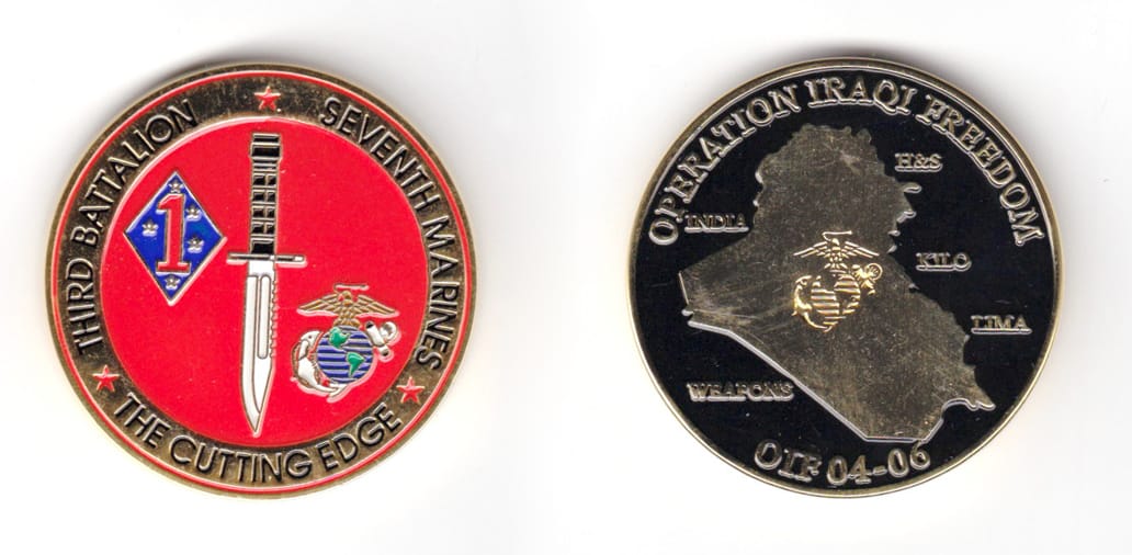 Round shaped coin, brass in color, 1 3/4 inches in diameter.