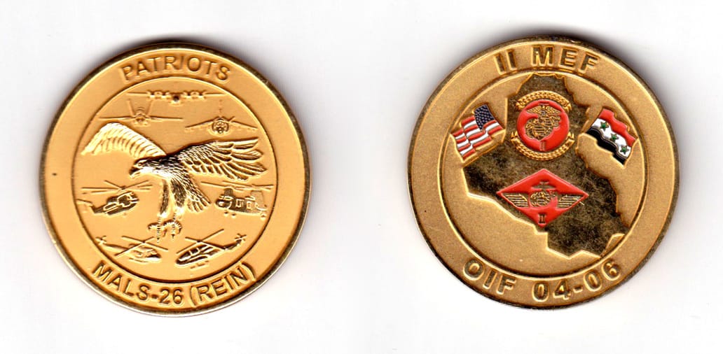 Round shaped coin, antique brass in color, 1 3/4 inches in diameter.