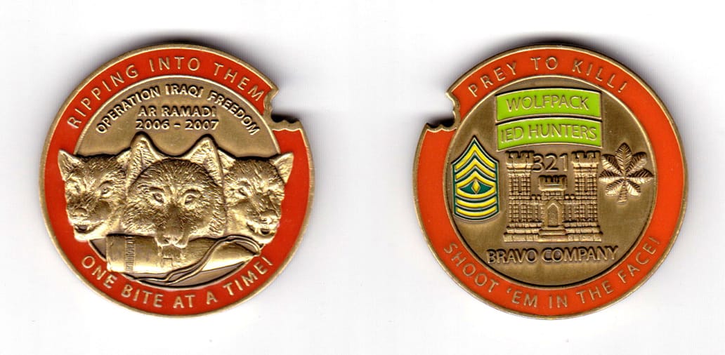 Round shaped coin with a bitemark at NE location, antique brass in color, 1 47/64 inches in diameter.