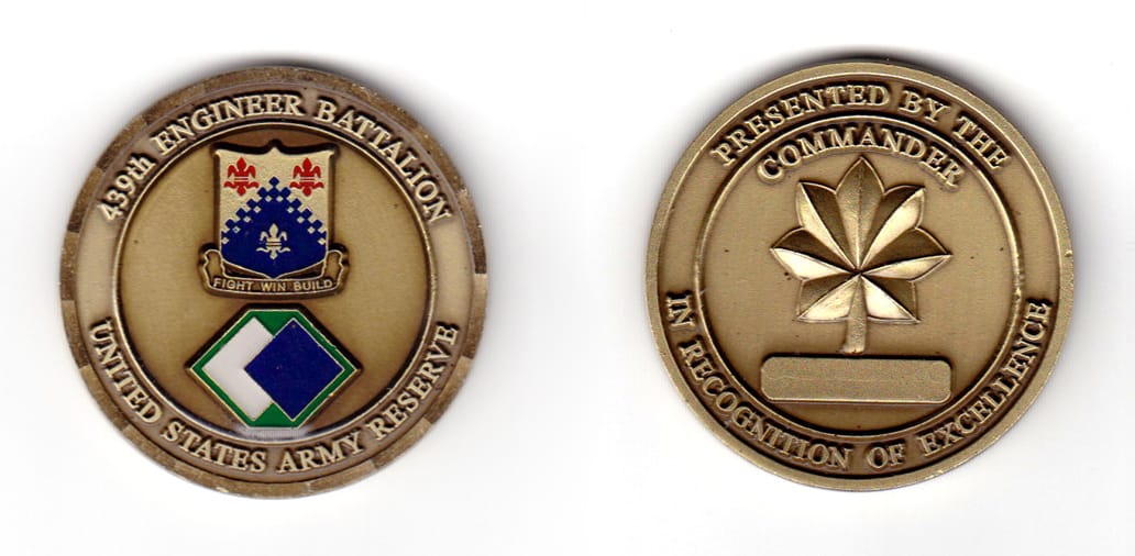 Round shaped coin, antique brass in color, 1 25/32 inches in diameter.