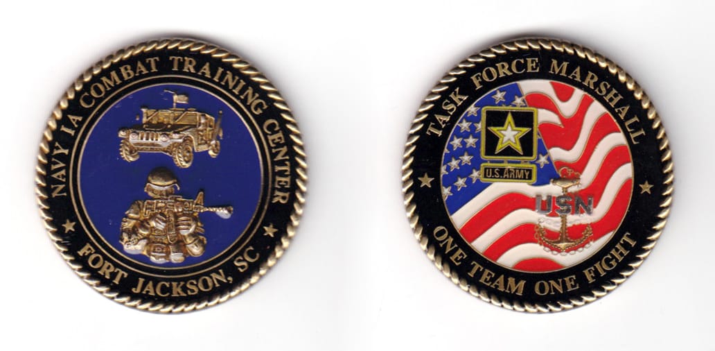 Round shaped coin, antique brass in color, 1 49/64 inches in diameter.