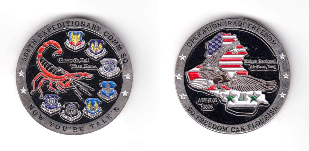 Round shaped coin, pewter in color, 1 25/64 inches in diameter.