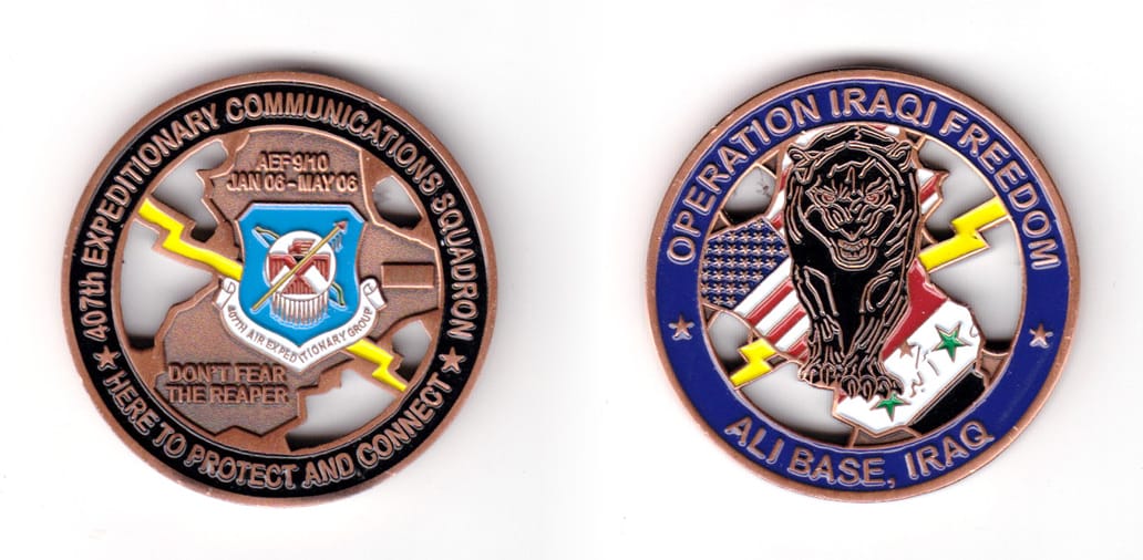 Round shaped coin, copper in color, 1 3/4 inches in diameter.