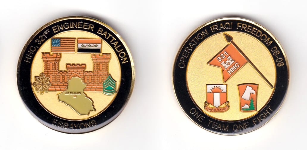 Round shaped coin, brass in color, 1 3/4 inches in diameter.