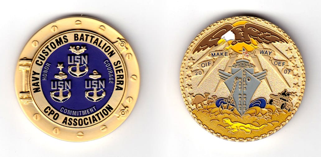 Round shaped coin, pewter in powdered gold in color, 1 53/64 inches in diameter.