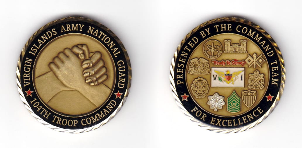 Round shaped coin, antique brass in color, 1 25/32 inches in diameter.