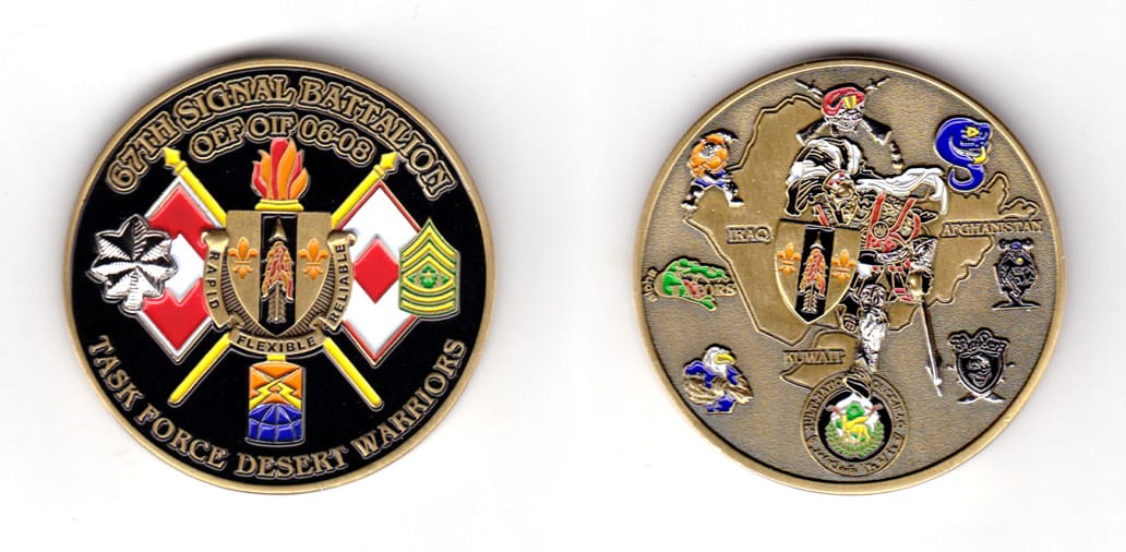 Round shaped coin, brass in color, 1 3/4 inches in diameter.