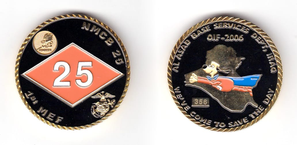 Round shaped coin, brass in color, 1 47/64 inche in diameter.