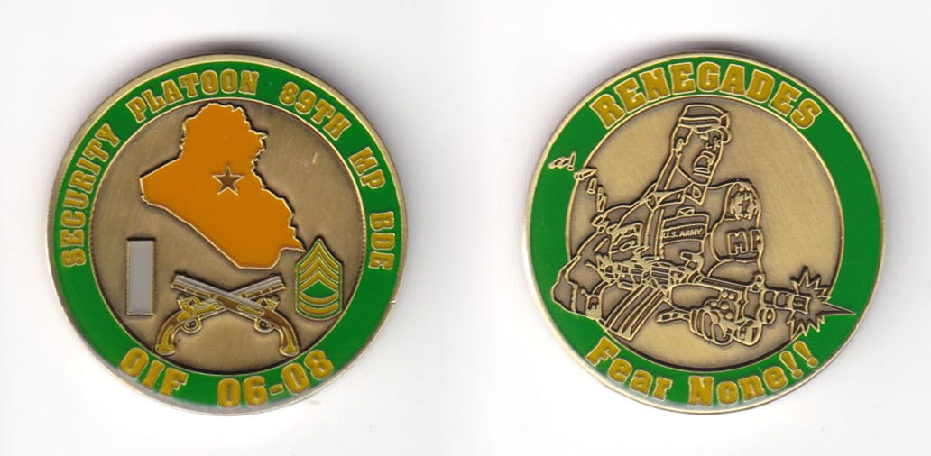 Round shaped coin, antique brass in color, 1 35/64 inches in diameter.