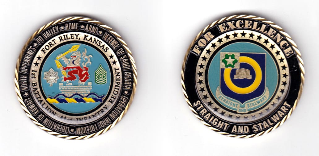 Round shaped coin brass in color, 1 31/32 inches in diameter.