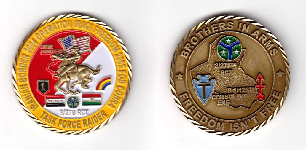 Round shaped coin, antique brass in color, 1 63/64 inches in diameter.