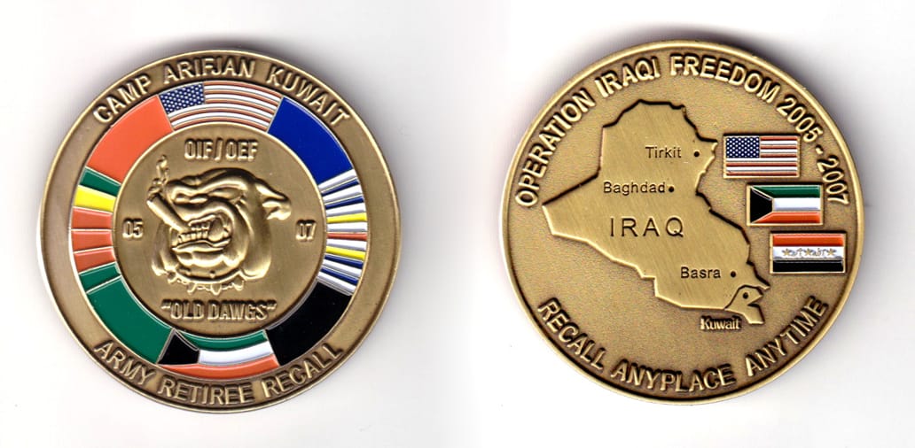 Round shaped coin, antique brass in color, 1 15/16 in diameter.