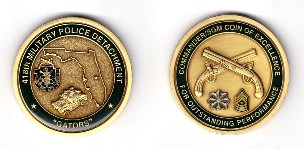 Round shaped coin, antique brass in color, 1 31/32 inches in diameter.