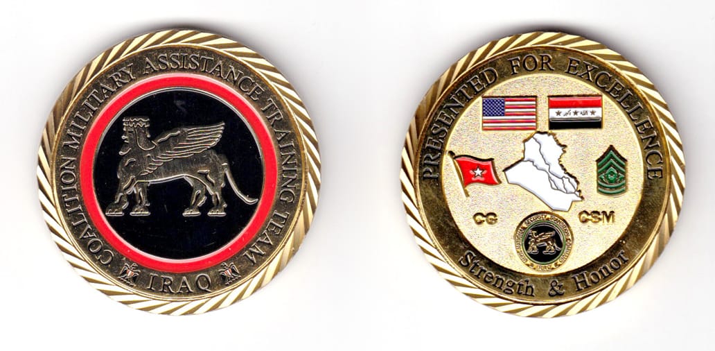 Round shaped coin, brass in color, 1 31/32 inches in diameter.