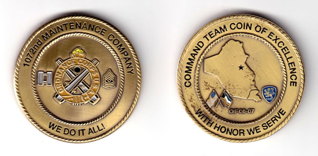 Round shaped coin, antique brass in color, 1 63/64 inches in diameter.