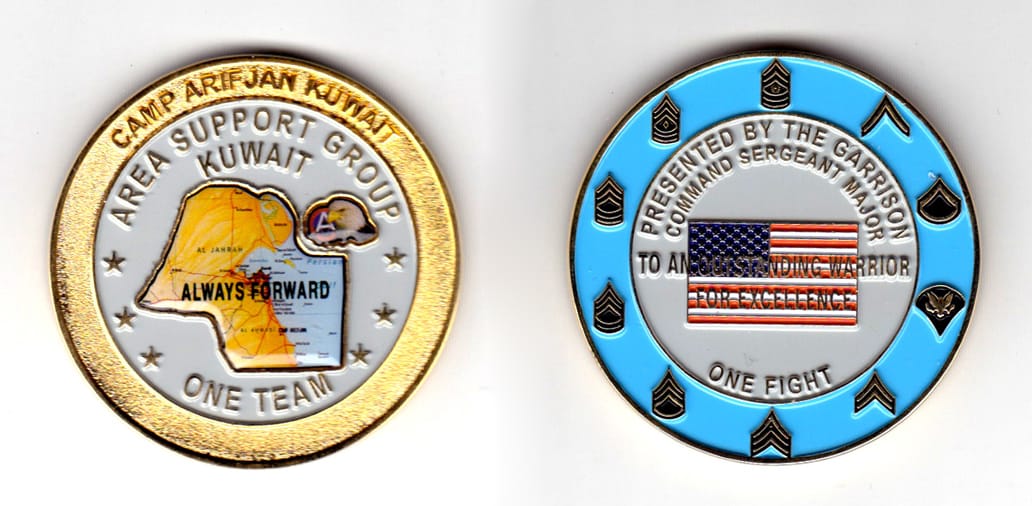 Round shaped coin, brass in color, 1 61/64 inches in diameter.