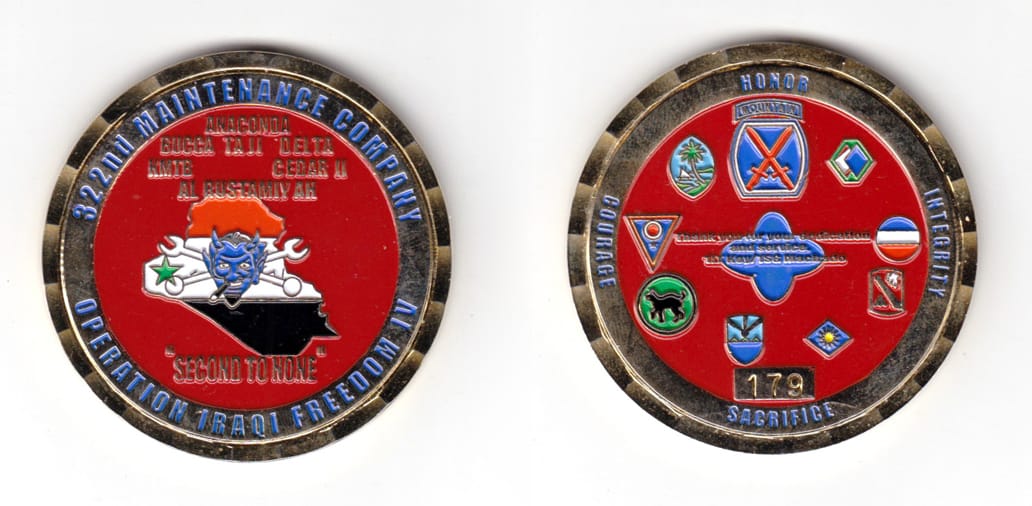 Round shaped coin, brass in color, 1 63/64 inches in diameter.