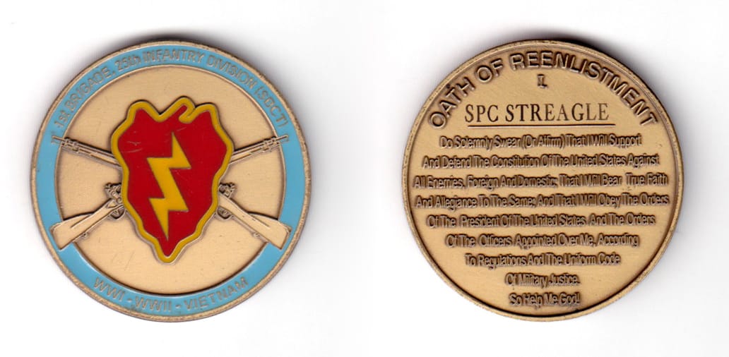 Round shaped coin, antique brass in color, 1 3/4 inches in diameter.