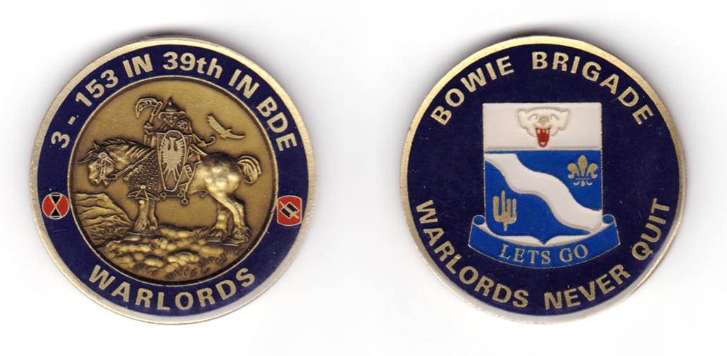 Round shaped coin, antique brass in color, 1 25/32 inches in diameter.