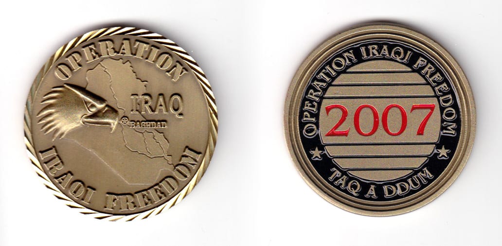 Round shaped coin, antique brass in color, 1 57/64 inches in diameter.