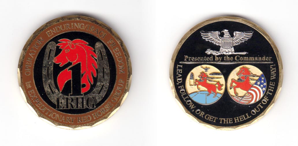 Round shaped coin, brass in color, 1 3/4 inches in diameter.