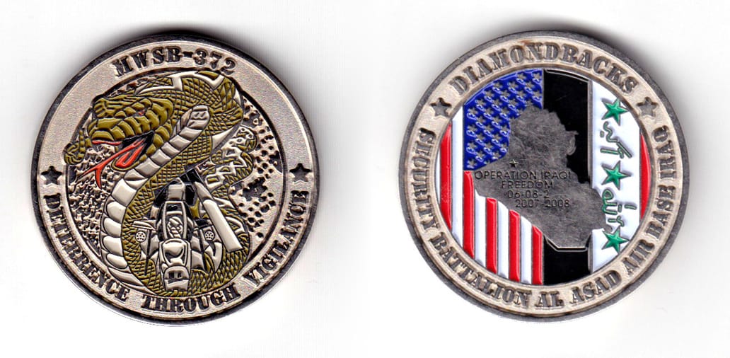 Round shaped coin, silver in color, 1 47/64 inches in diameter.