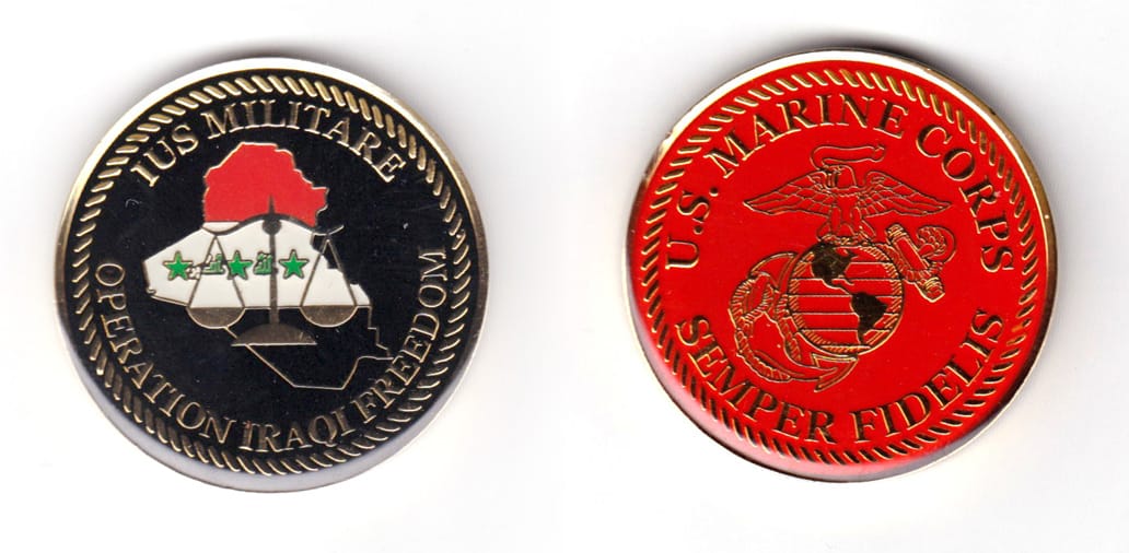 Round shaped coin, brass in color, 1 49/64 inches in diameter