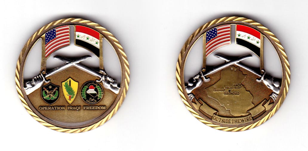 Round shaped coin, antique brass in color, 1 45/64 inches in diameter.