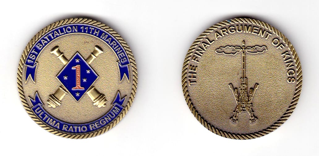 Round shaped coin, antique brass in color, 1 47/64 inches in diameter.