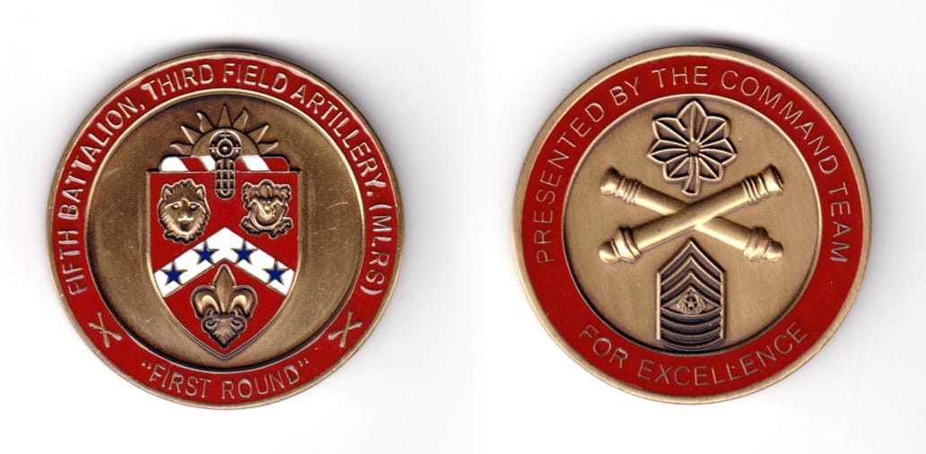 Round shaped coin, antique brass in color, 1 11/16th inches in diameter.