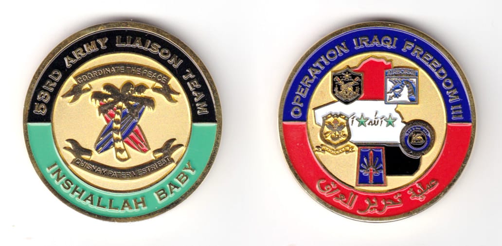 Round shaped coin, brass in color, 1 11/16 inches in diameter.