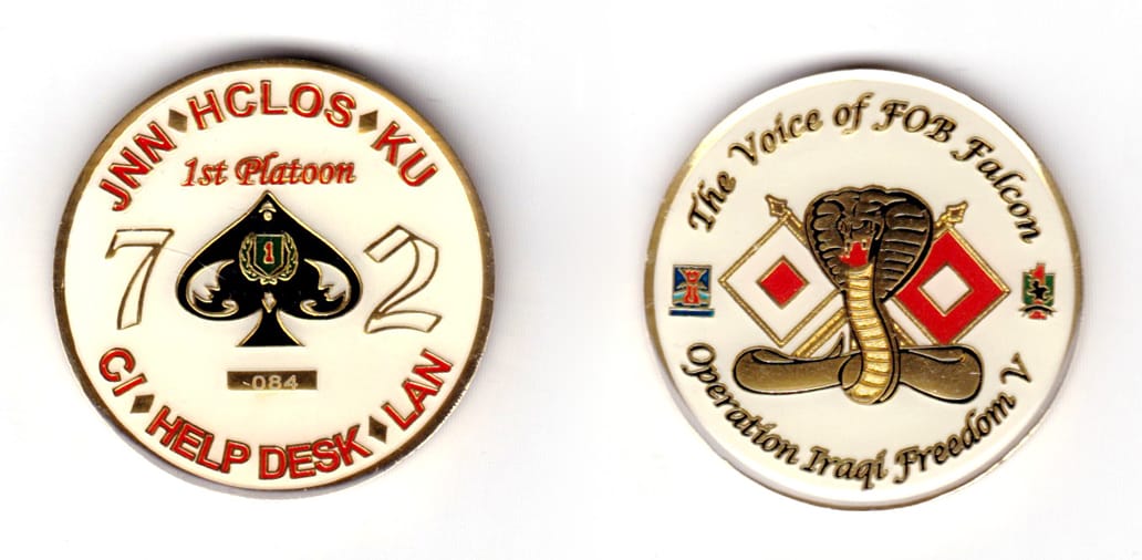 Round shaped coin, brass in color, 1 45/64 inches in diameter.