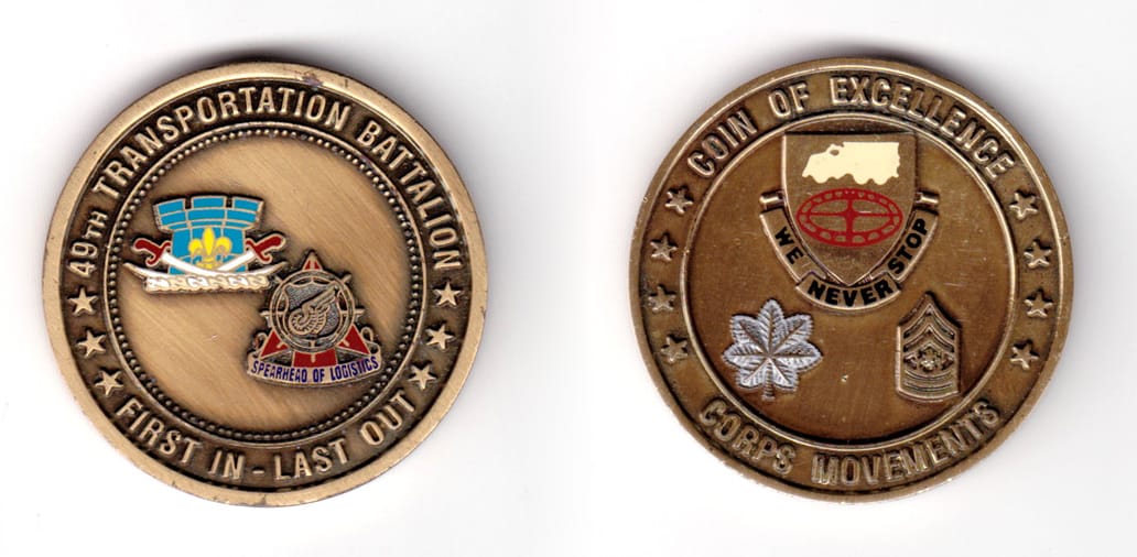 Round shaped coin, antique brass in color, 1 53/64 inches in diameter.