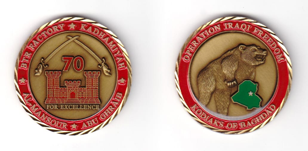 Round shaped coin, antique brass in color, 1 25/64 inches in diameter.